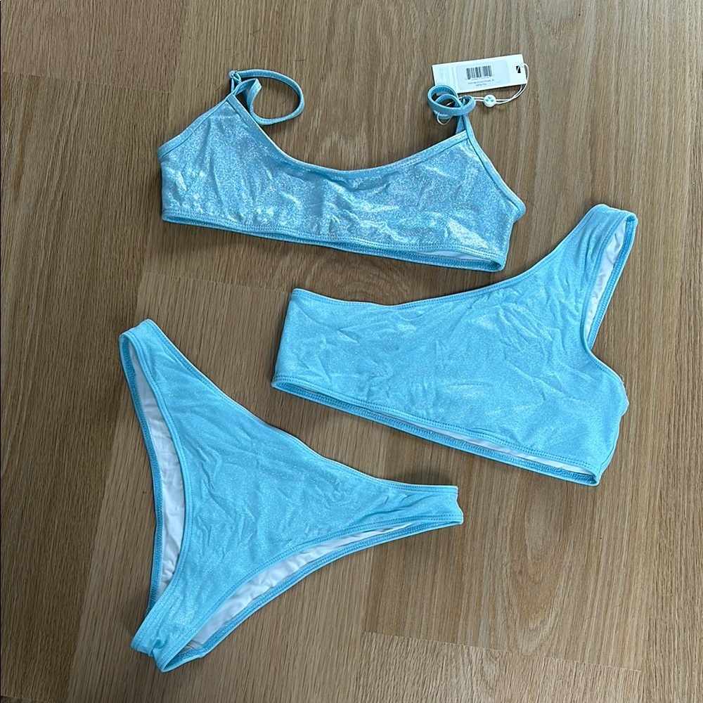 Frankie’s Bikinis 3 piece high waist bikini (2 tops 1 bottom) in shimmery blue